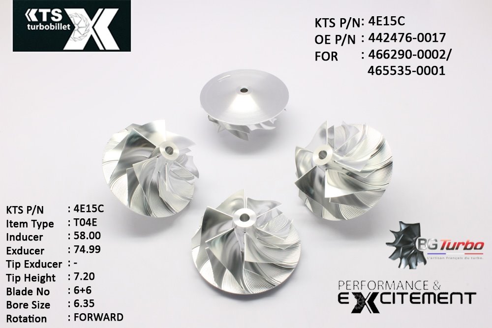 Turbo ROUE FORGÉE MFS PERFORMANCE - 6+6 PALES - INDUCER : 58 - EXDUCER : 74,99 - TYPE : T04EANGLE : 75° - ROTATION : Forward - SUPER BACK : 4,96 - BORE SIZE : 6,35
